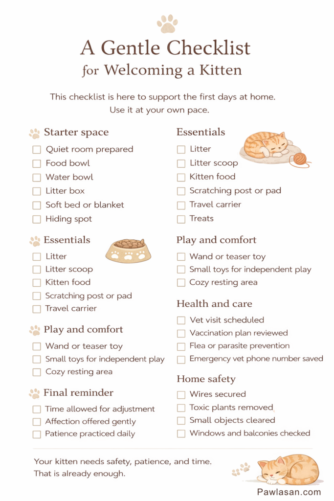 Printable checklist for welcoming a kitten with starter space, essentials, play, health, and home safety on a white background
