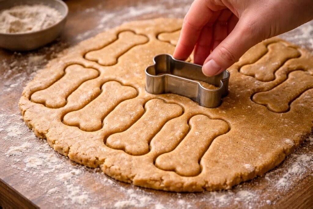 Cutting bone shaped dog biscuits from rolled peanut butter dough