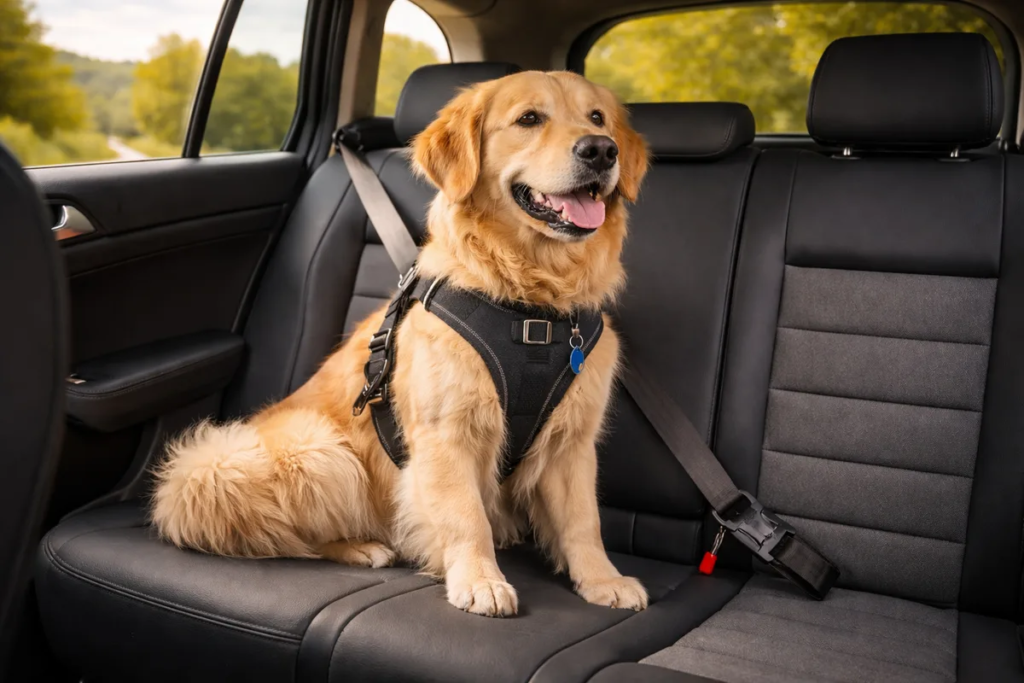 Golden retriever secured with a crash tested harness and seatbelt in the back seat of a car
