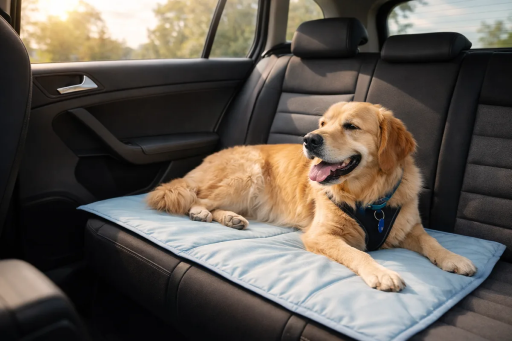 Golden retriever resting on a cooling mat in the back seat of a car on a sunny day
