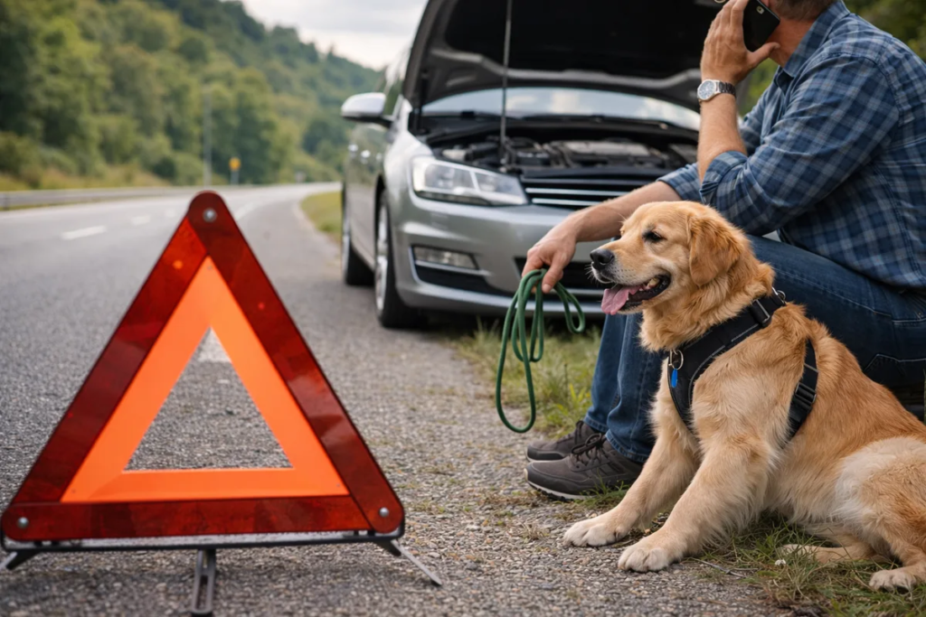 Dog sitting calmly next to owner by a car with open hood on a roadside in Europe