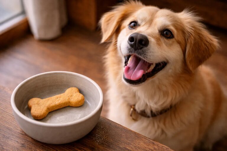 Golden dog lying beside a bowl with a homemade peanut butter biscuit