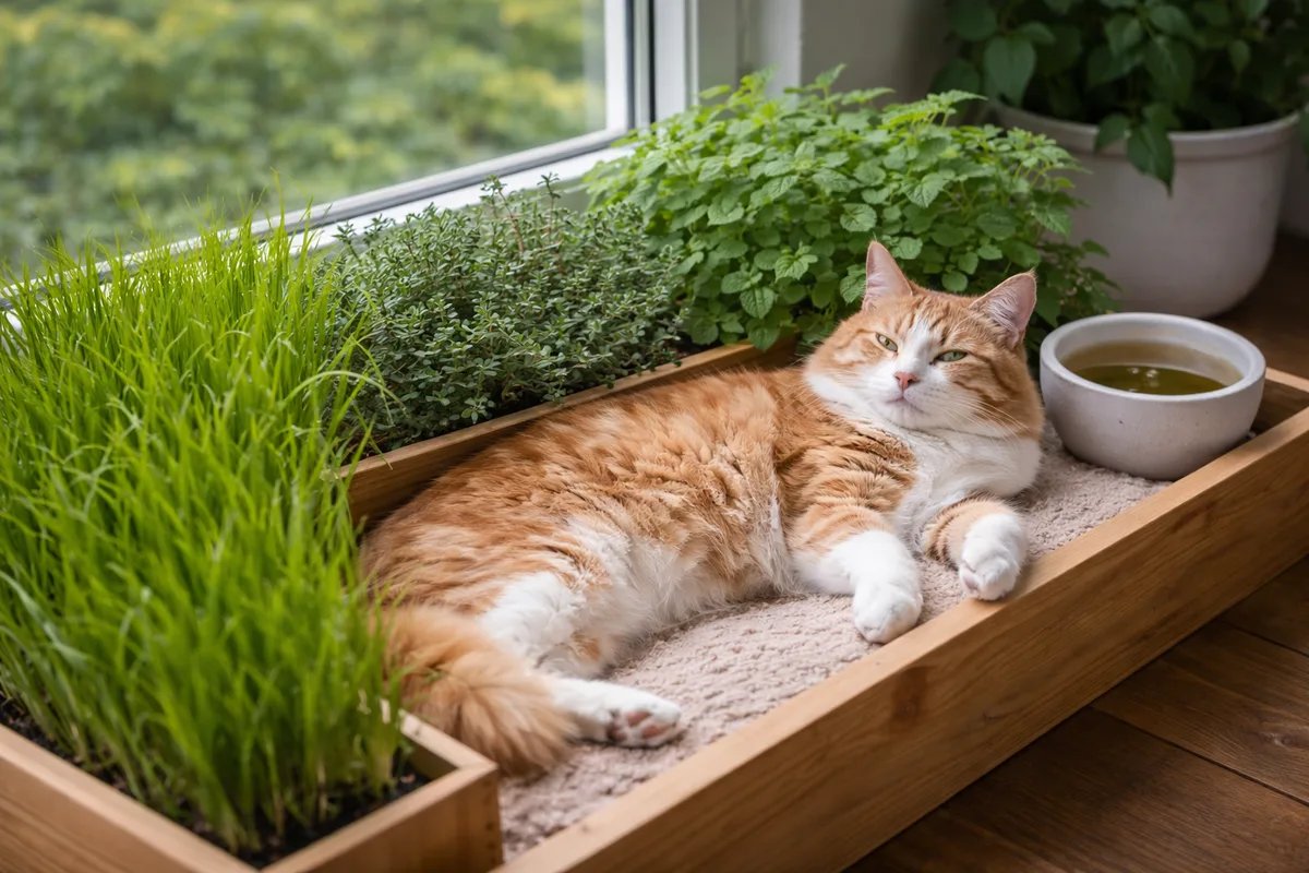 Tabby cat sitting by a sunny window next to indoor cat grass in a small windowsill garden