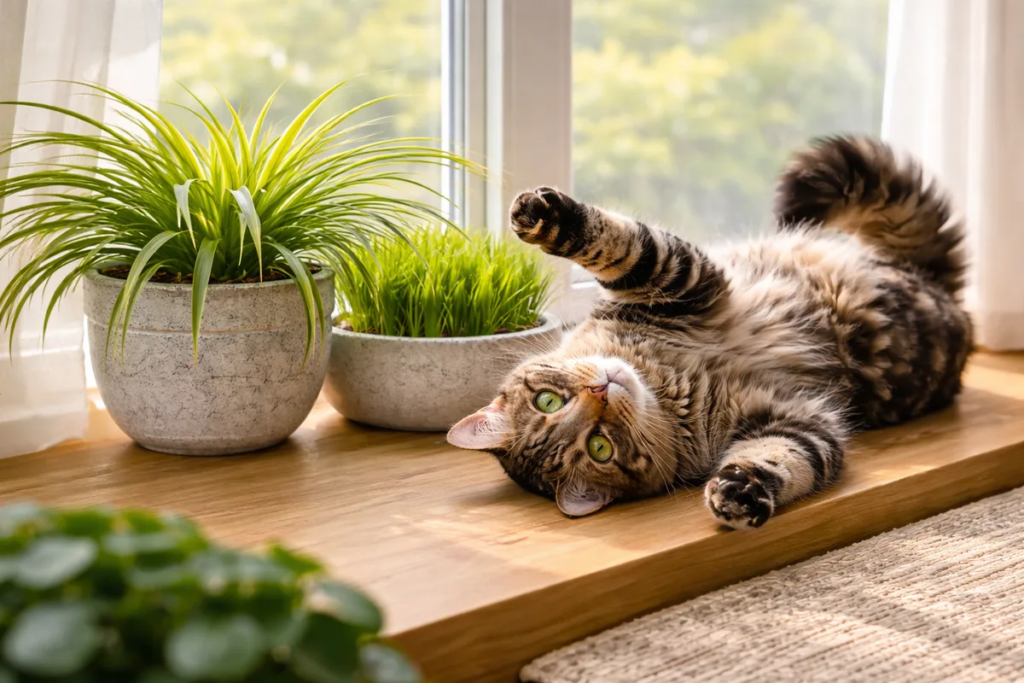 A curious cat sniffing a safe indoor spider plant in a bright home environment
