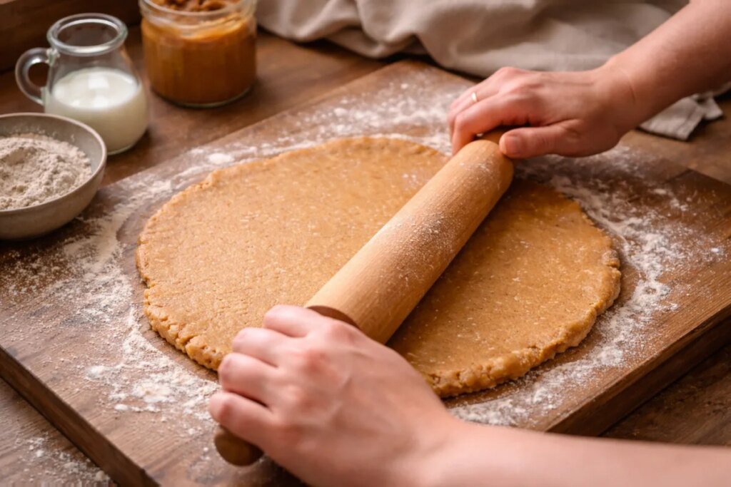 Rolling peanut butter dog biscuit dough on a floured wooden board