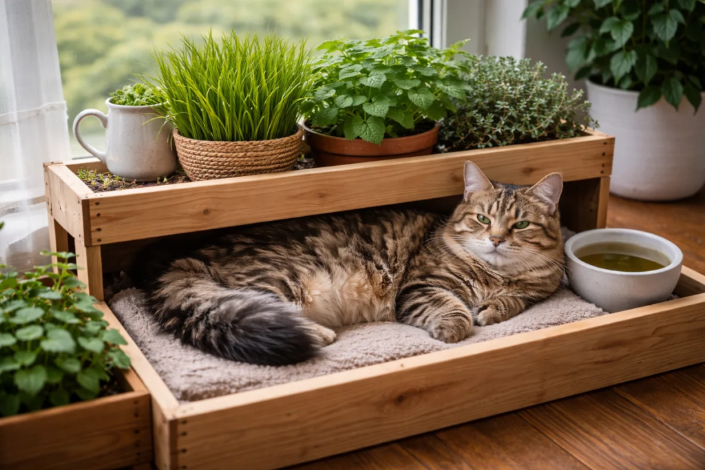 Horizontal indoor cat garden with cat grass and catnip in wide floor planters