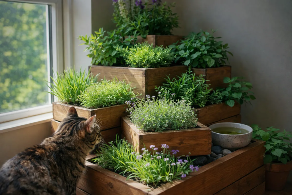Tiered indoor cat garden with cat-safe plants near a window