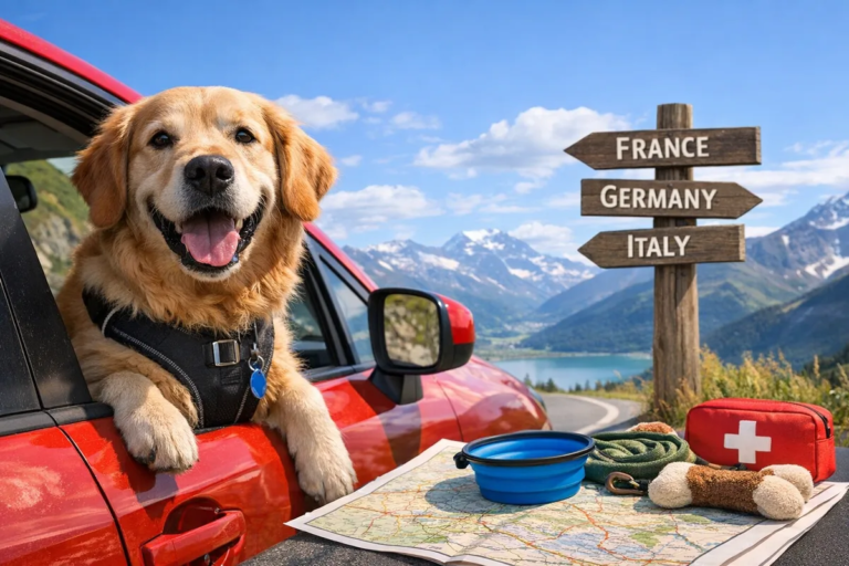 Golden retriever leaning out of a car window on a scenic European mountain road during a cross border road trip