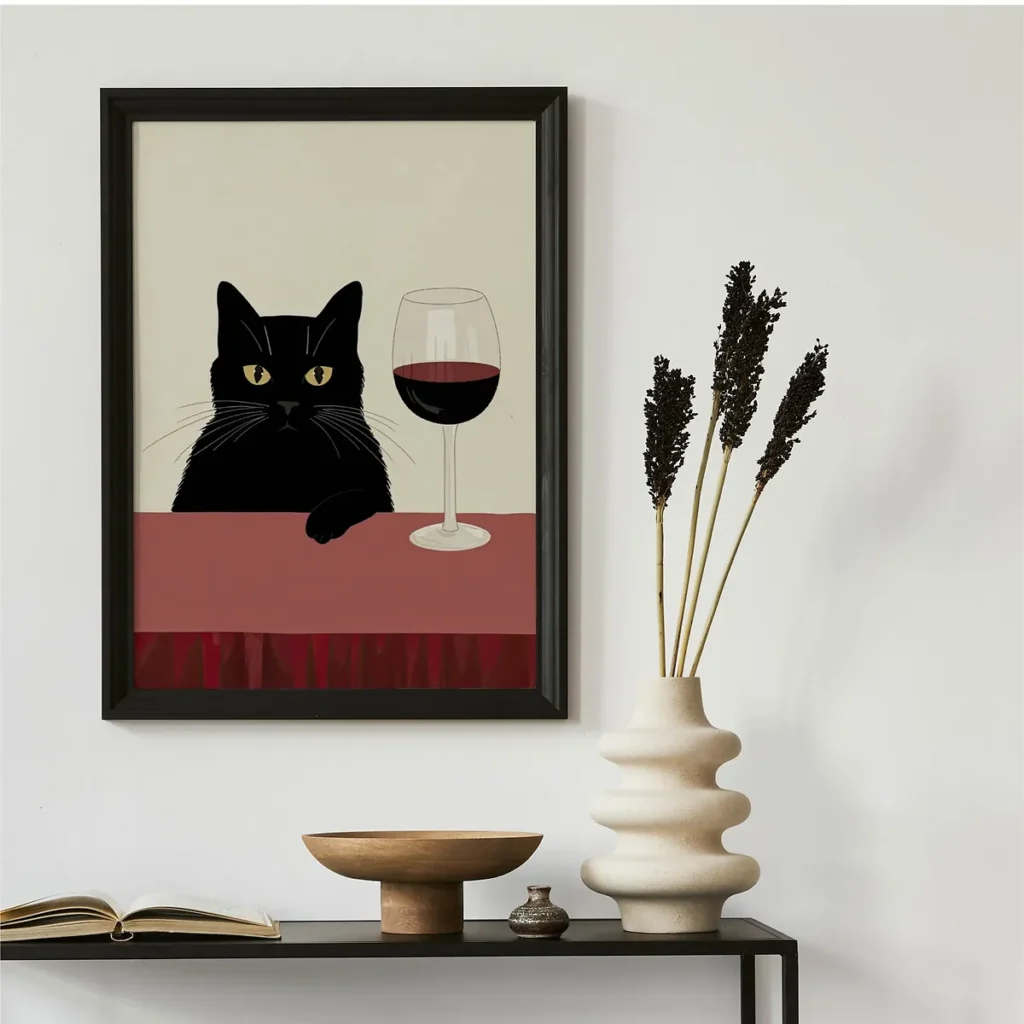 A modern minimalist art print of a black cat sitting at a table next to a large glass of red wine, displayed in a black frame above a console table with boho decor.