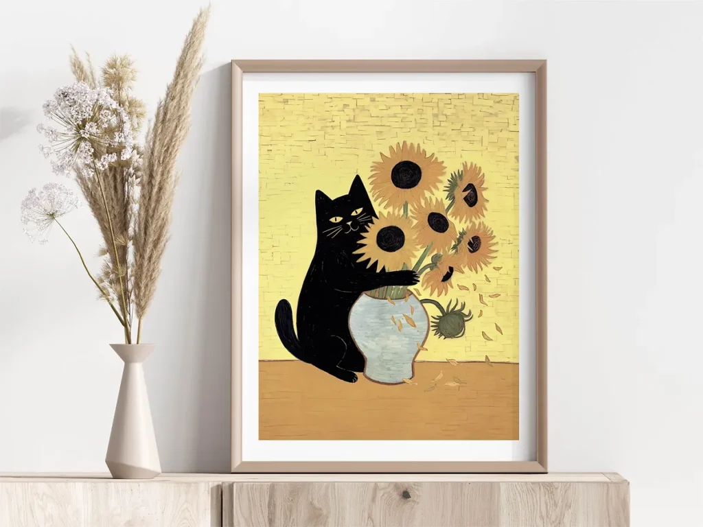 A Van Gogh-inspired painting of a black cat hugging a vase of sunflowers against a textured yellow background, featured in a light wood frame on a wooden sideboard.