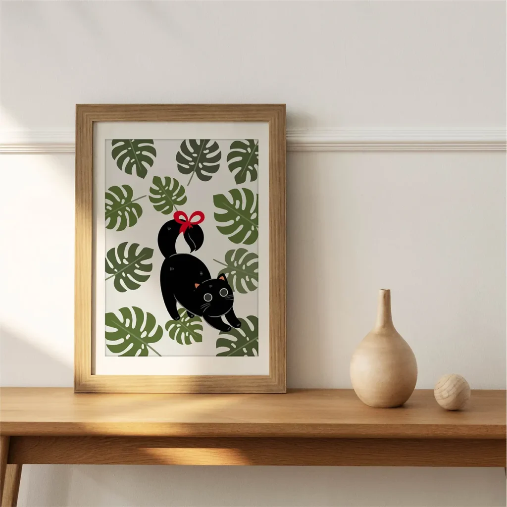 Cute black cat illustration with a bright red bow on its tail, playfully crouching among a pattern of green monstera deliciosa leaves