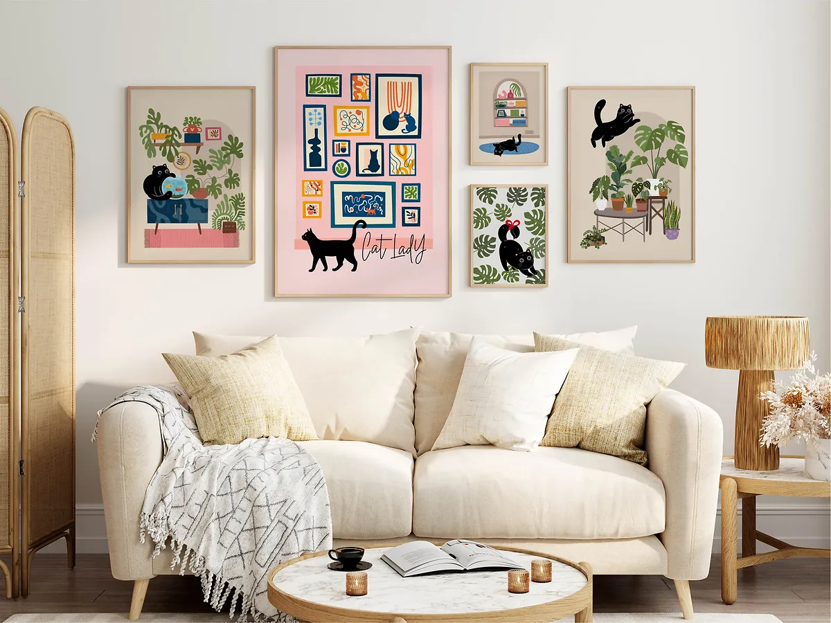 Cozy living room with cat art