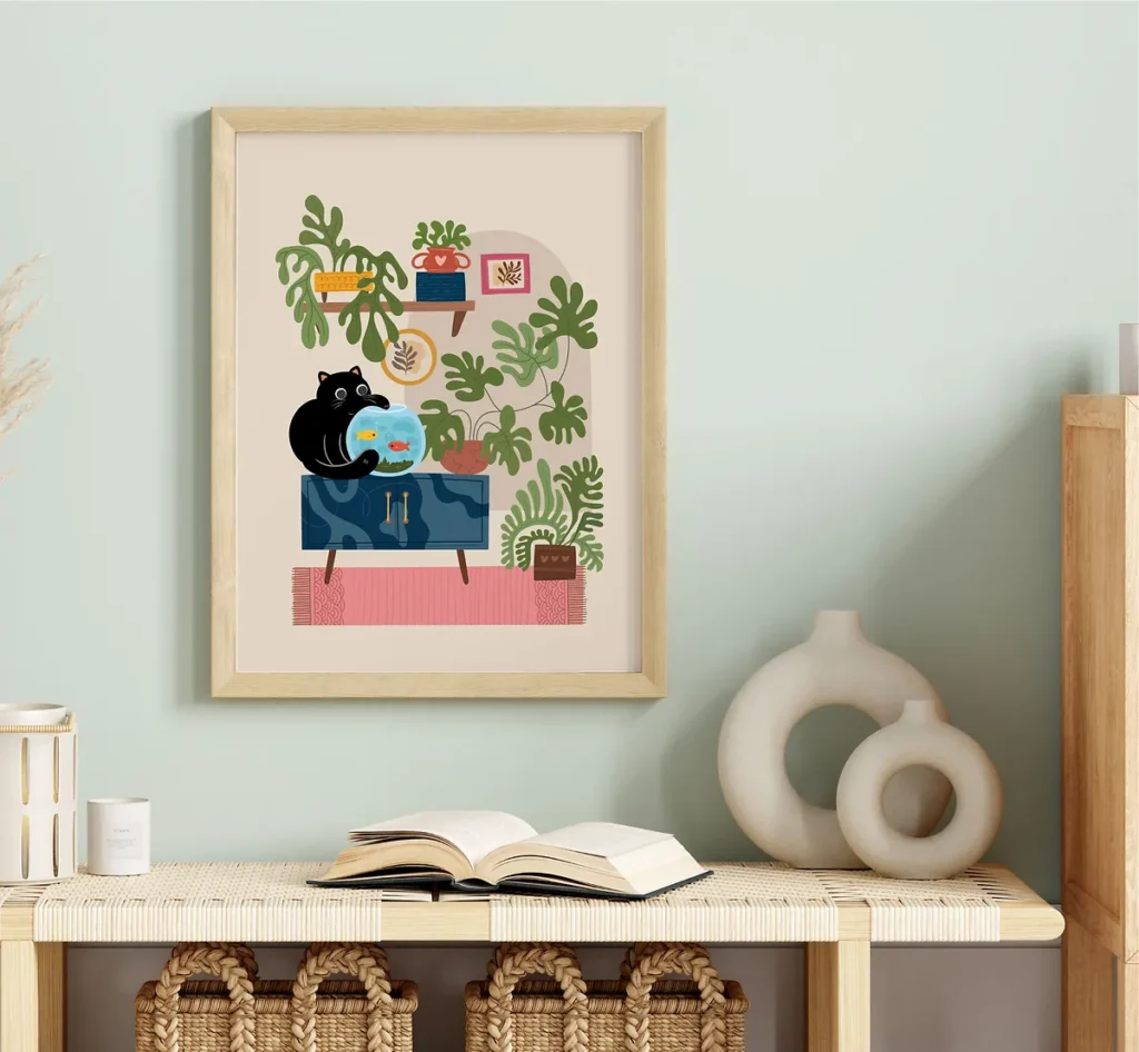Framed whimsical poster art of a mischievous black cat sitting on a blue mid-century modern credenza, peering into a round goldfish bowl. The scene includes a collection of large potted plants and tropical leaves in a cozy room setting