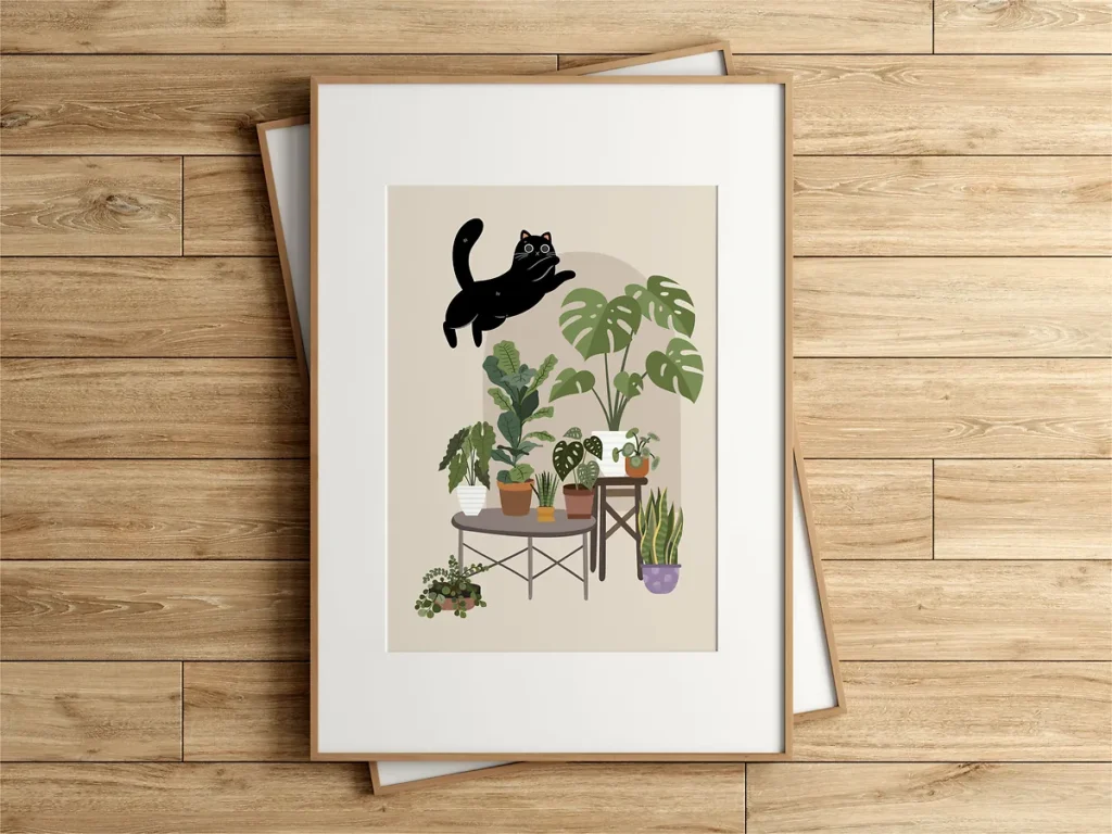 Action illustration of a mischievous black cat jumping through a modern interior filled with potted plants and colorful wall decor