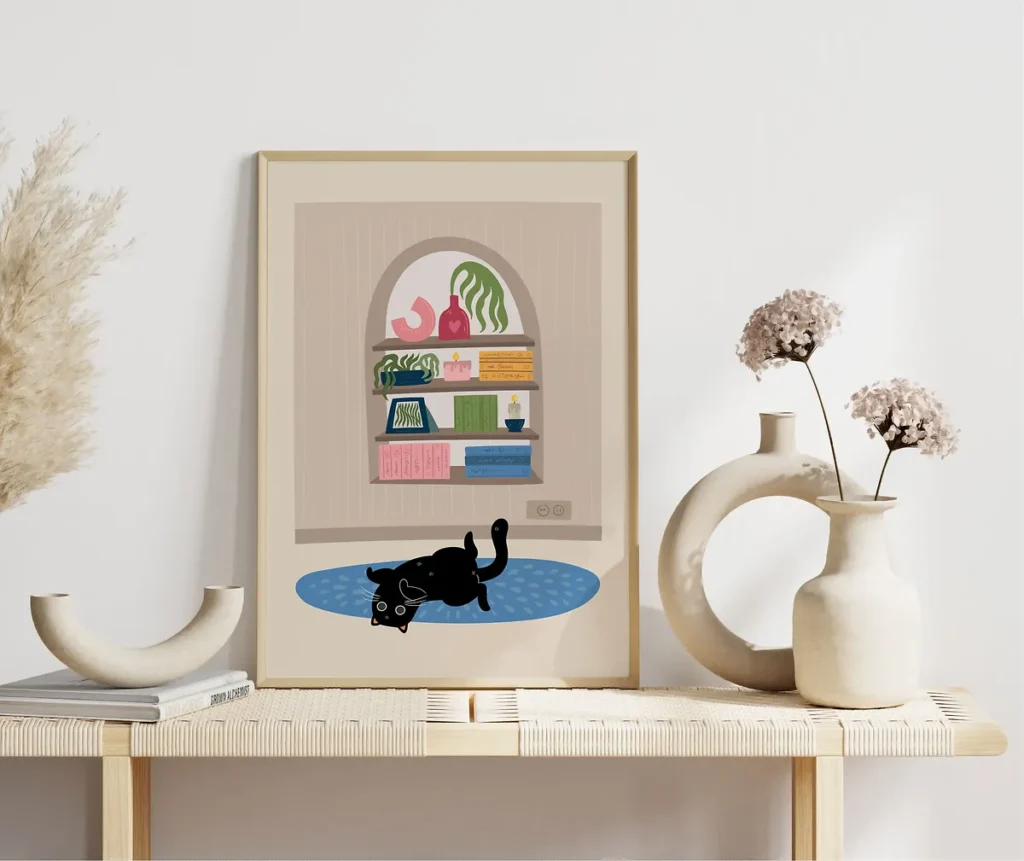 Whimsical poster art of a black cat lounging on a blue tapestry inside a cozy room with arched windows and indoor plants