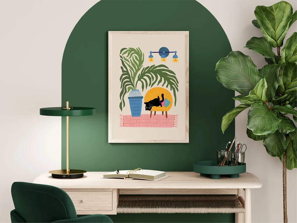 Vertical art print of a black cat sitting on a dining chair next to a table, surrounded by a lush collection of tropical houseplants