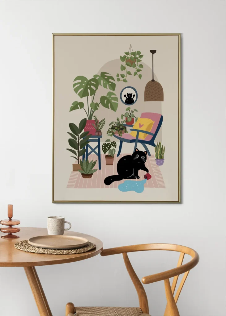 Framed botanical poster art featuring a naughty black cat hiding among large green monstera leaves and houseplants in a boho-style wooden frame