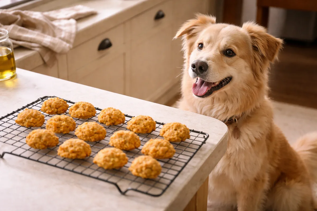 dog waiting for homemade sweet potato dog treats cooling on kitchen counter